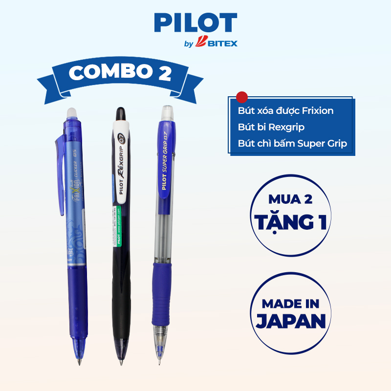 Combo Pilot 02 : Bút xóa được mực xanh, Bút bi Rexgrip mực đen, Bút chì bấm Super Grip