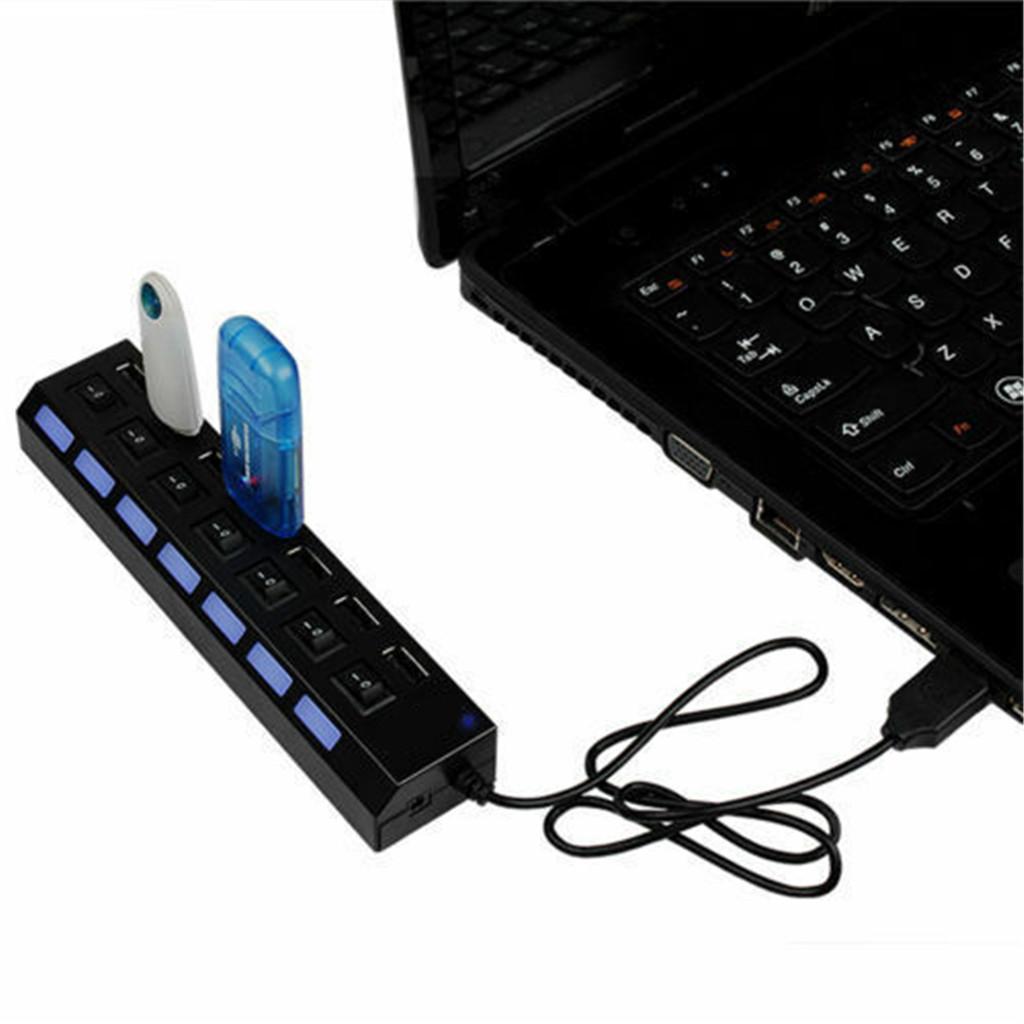 7-Port USB 2.0 High Speed Hub Adapter ON/OFF Switch with LED Indicator Black