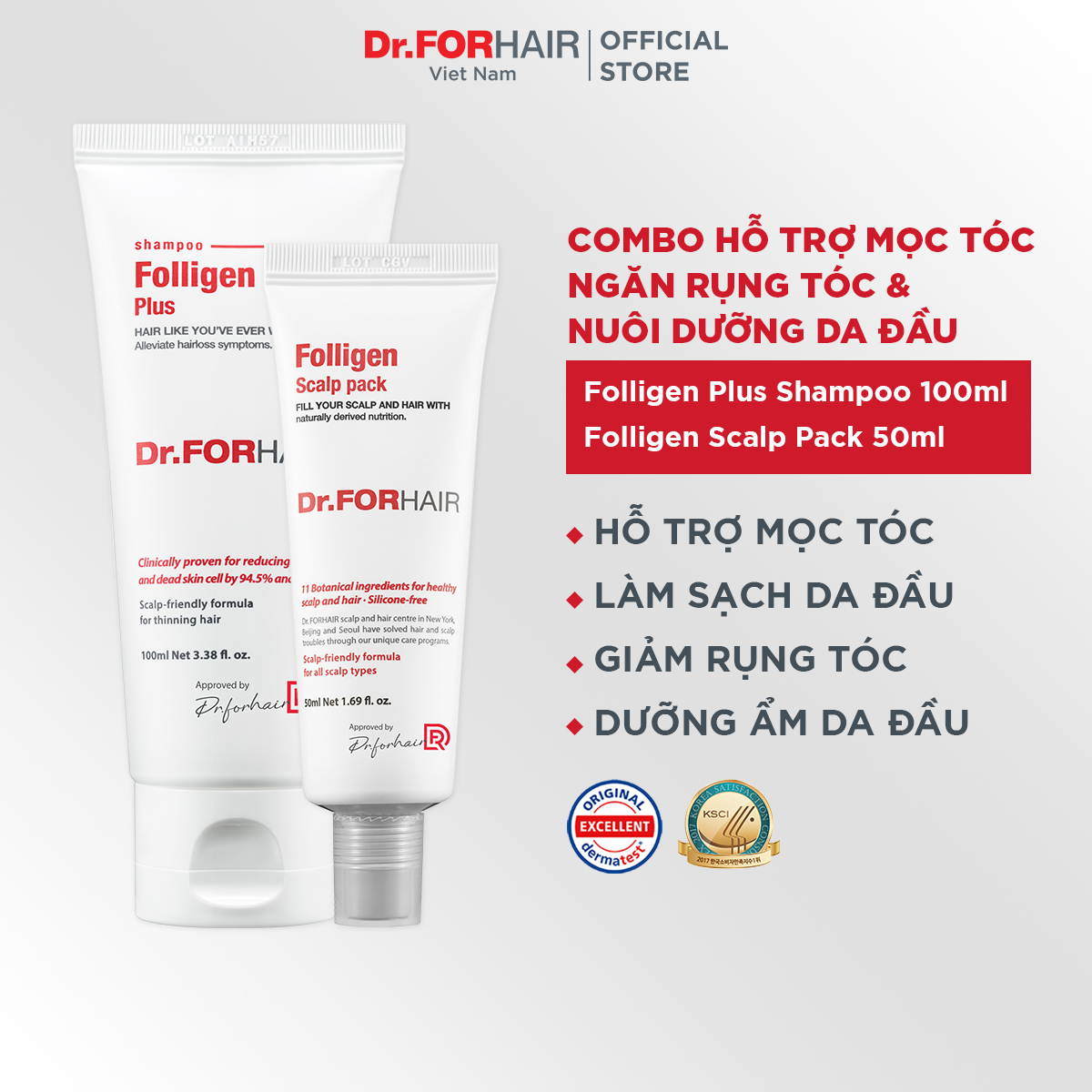 Bộ gội xả giảm rụng tóc chăm sóc tóc chắc khỏe Dr.FORHAIR Folligen Plus 500ml và Scalp Pack 250ml
