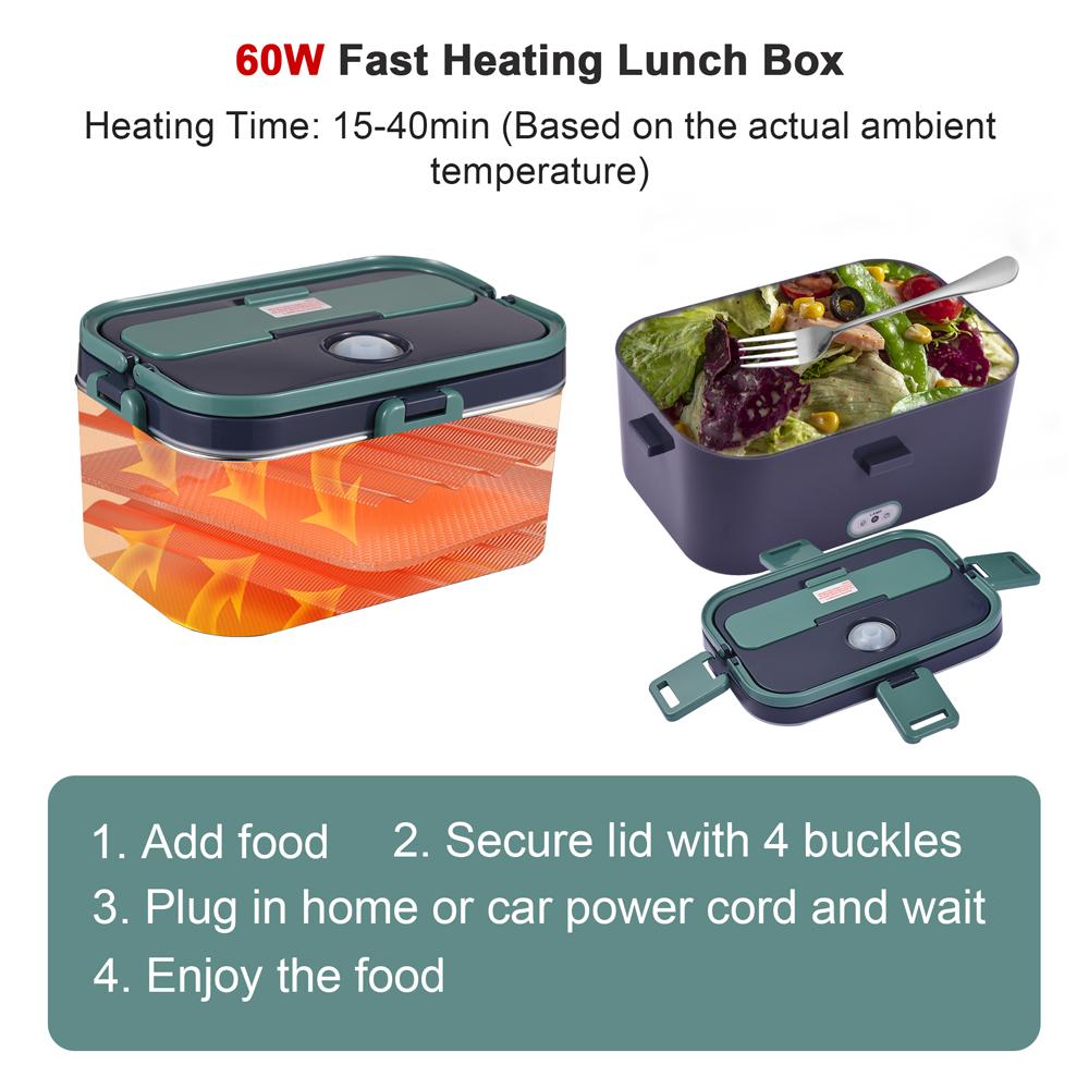 Electric Lunch Box Food Heater 60W Food Warmer Portable for 12V 24V Car Trunk Home Office 1.8L Removable Container