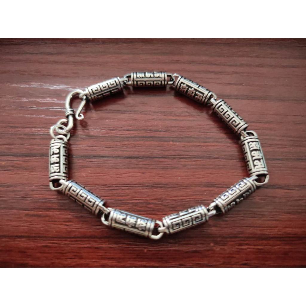 Lắc Tay Nam Om Mani Padme Hum và chữ Vạn 18cm - 23cm Chất Liệu Bạc Thái Cao Cấp