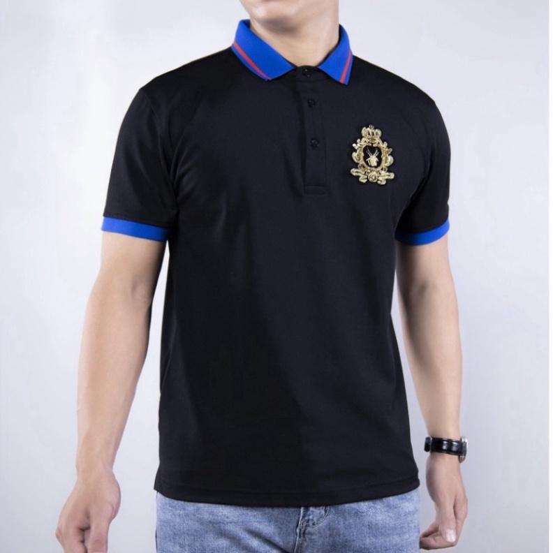 Áo Polo Nam LUZADO áo thun polo nam có cổ ngắn tay vải cá sấu cotton thêu họa tiết độc đáo phối cổ xanh đen cao cấp
