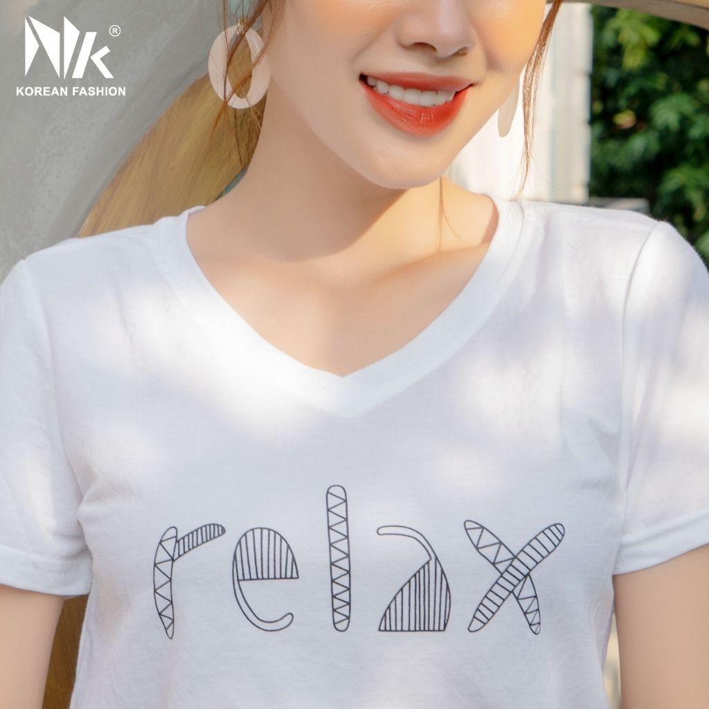 Áo Phông Nữ Cộc Tay NK FASHION Cổ Tim In Chữ Relax, Chất Liệu Cotton Mềm Mịn, Thấm Hút Mồ Hôi NKAT2103001