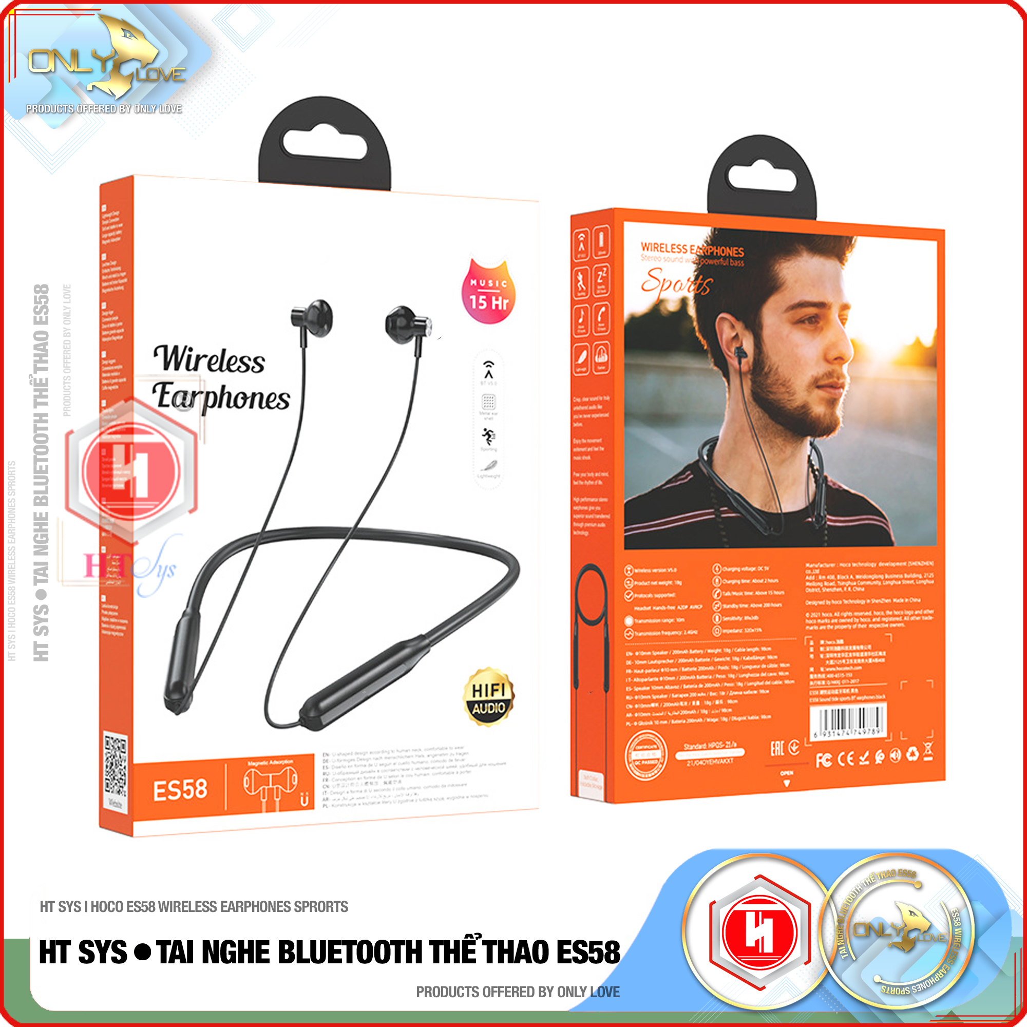 Tai Nghe Bluetooth Thể Thao HT SYS hoco ES58 Wireless Earphones  - Thời Gian Đàm Thoại Và Nghe Nhạc 15H - Bluetooth V5.0 - Âm BASS Cực Hay - Tương Thích Tất Cả Dòng Máy - Hàng Nhập Khẩu