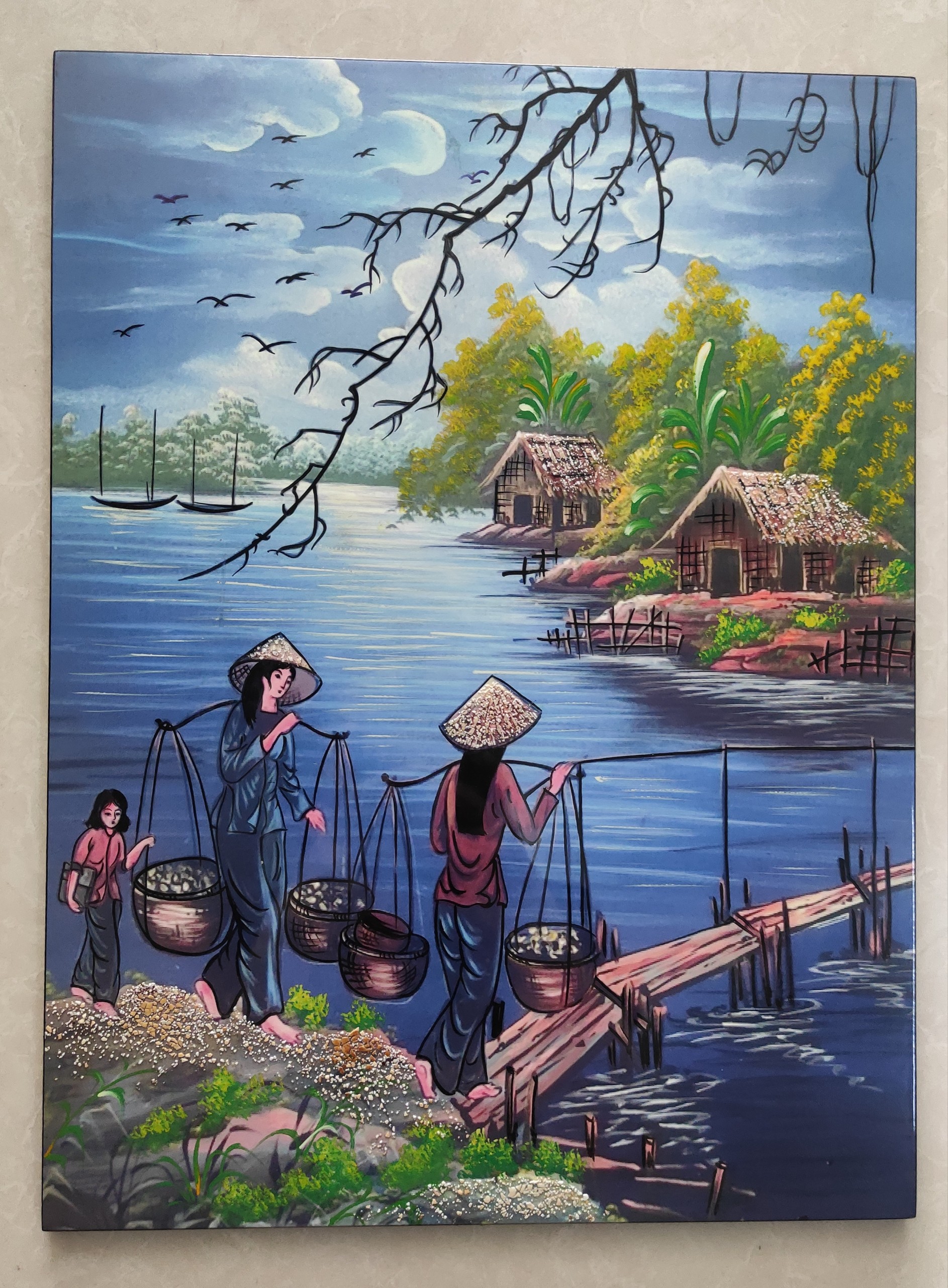 Tranh sơn mài đồng quê vẽ màu đẹp Thanh Bình Lê, hàng xuất khẩu 30x40 cm