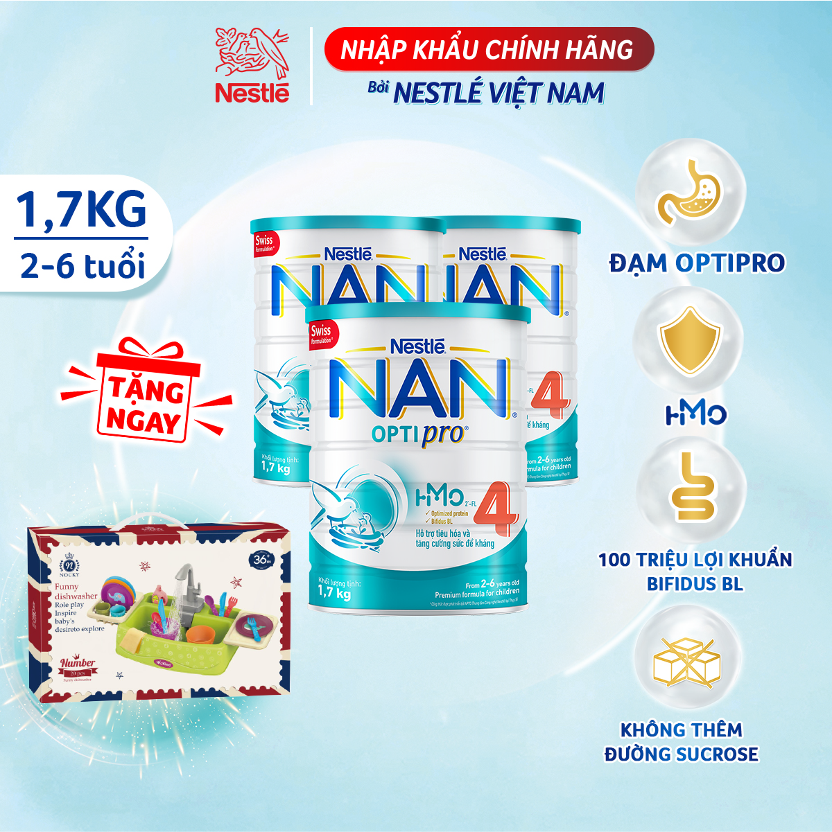 Combo 3 lon NAN OPTIPRO 4 1.7kg + Tặng Bộ đồ chơi rửa chén