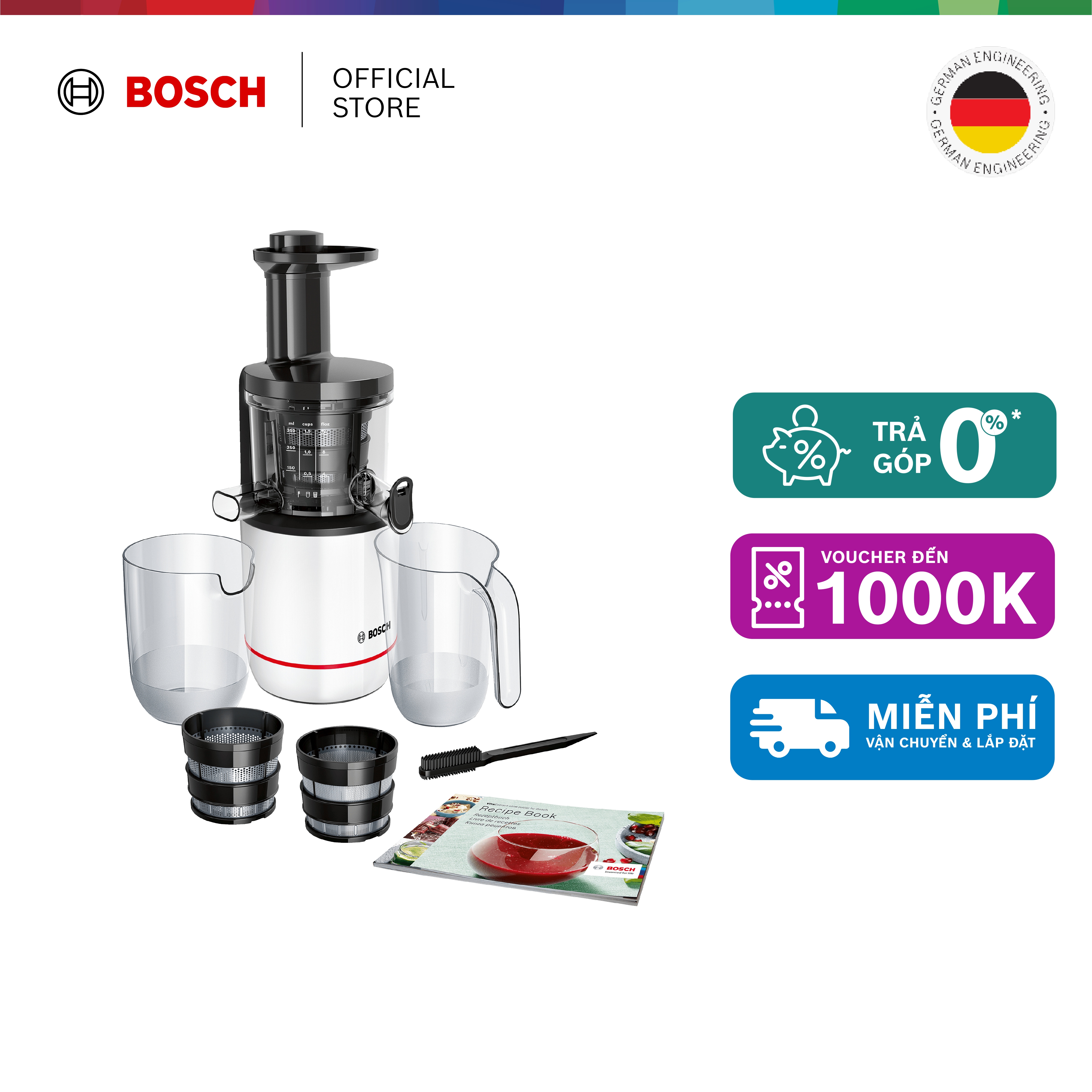 Máy ép chậm Bosch MESM500W 150W 2 bộ lọc (trắng) - Hàng chính hãng