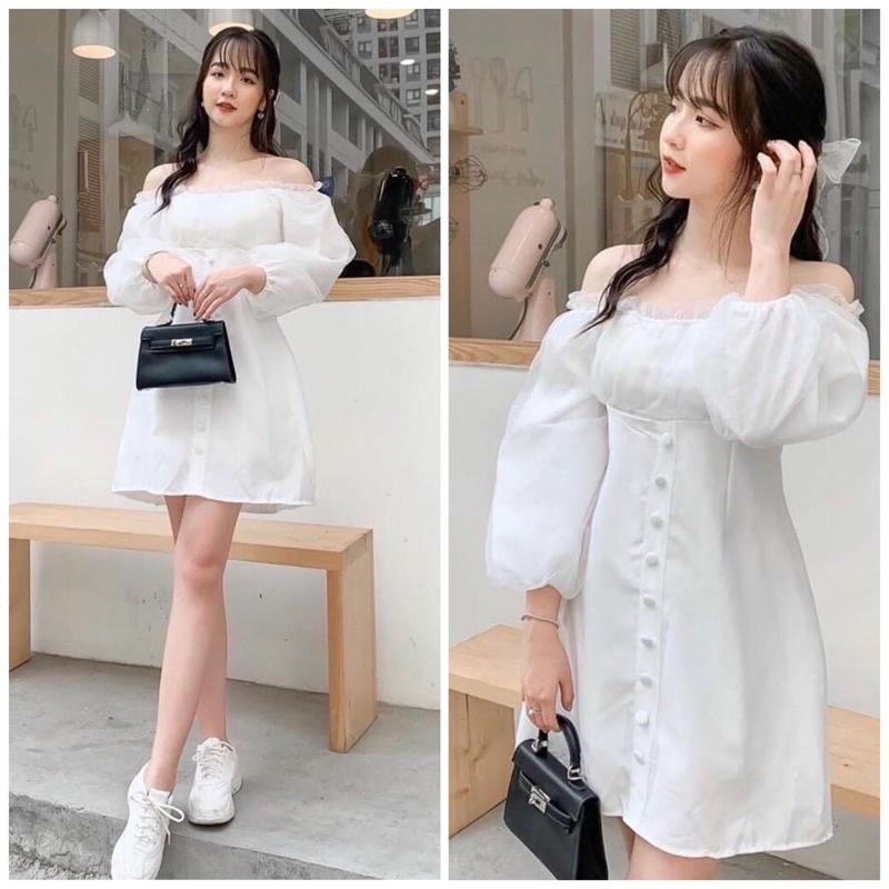Đầm trắng trễ vai nút bọc