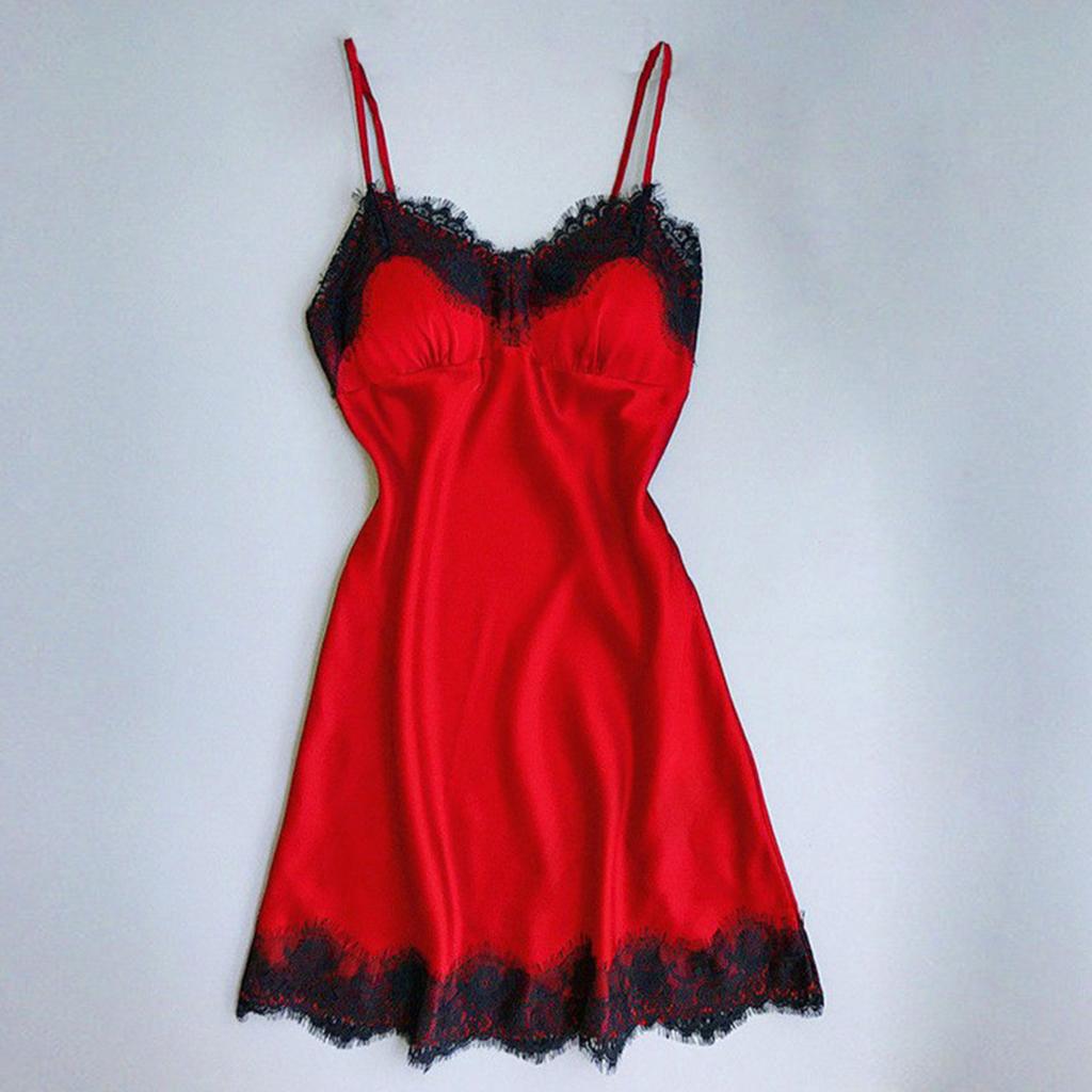 Women  Lace Trim Satin Nightdress Lingerie Sleepwear Night Gown