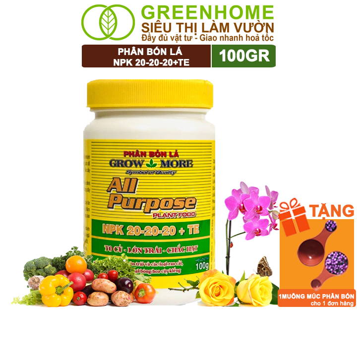 Phân Bón Lá Grow More NPK 20-20-20, GreenHome, Chai 100GR, To Củ, Lớn Trái, Chắc Hạt