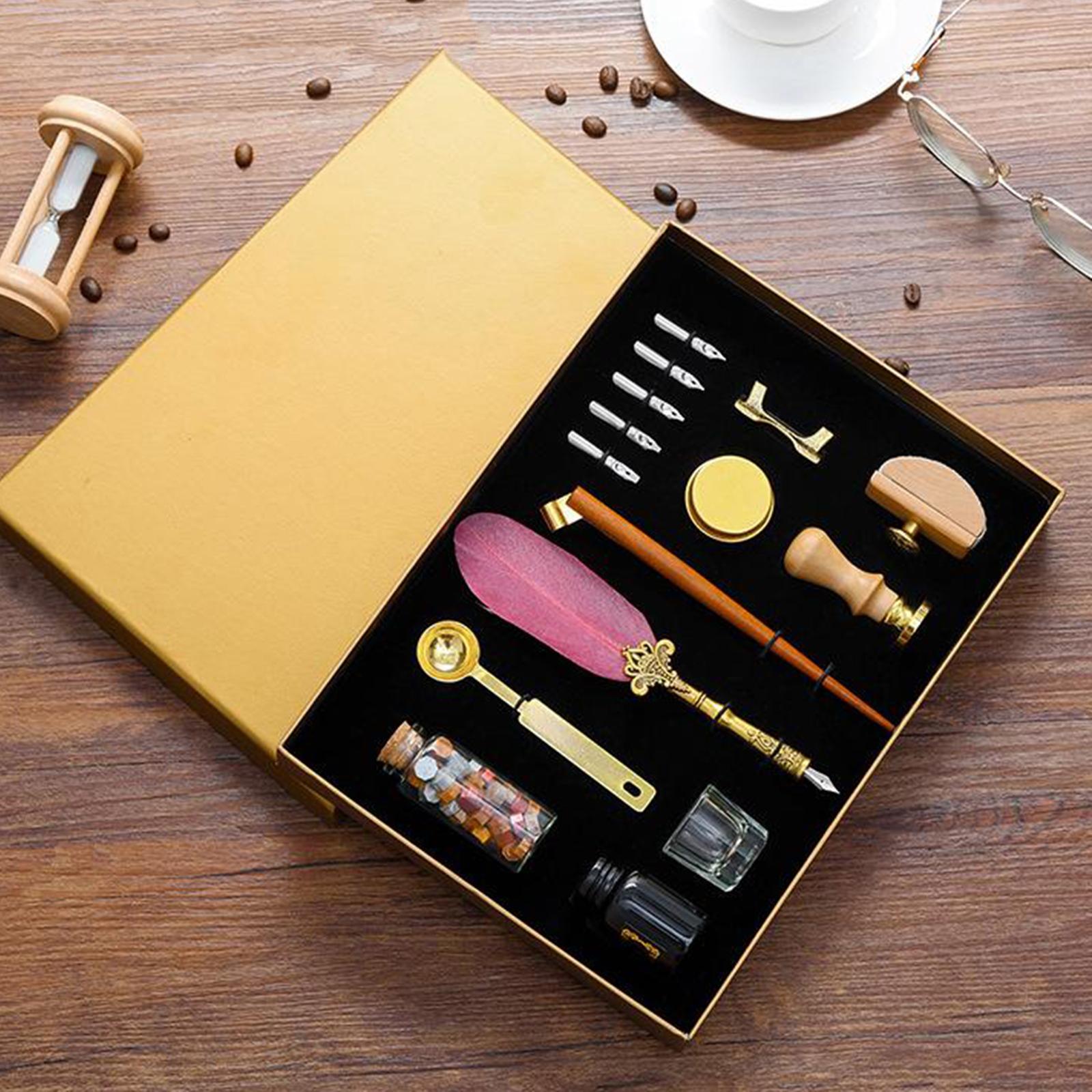Fountain Pen Antique Quill Feather Dip Pen and Wax Seal Set Red Quill