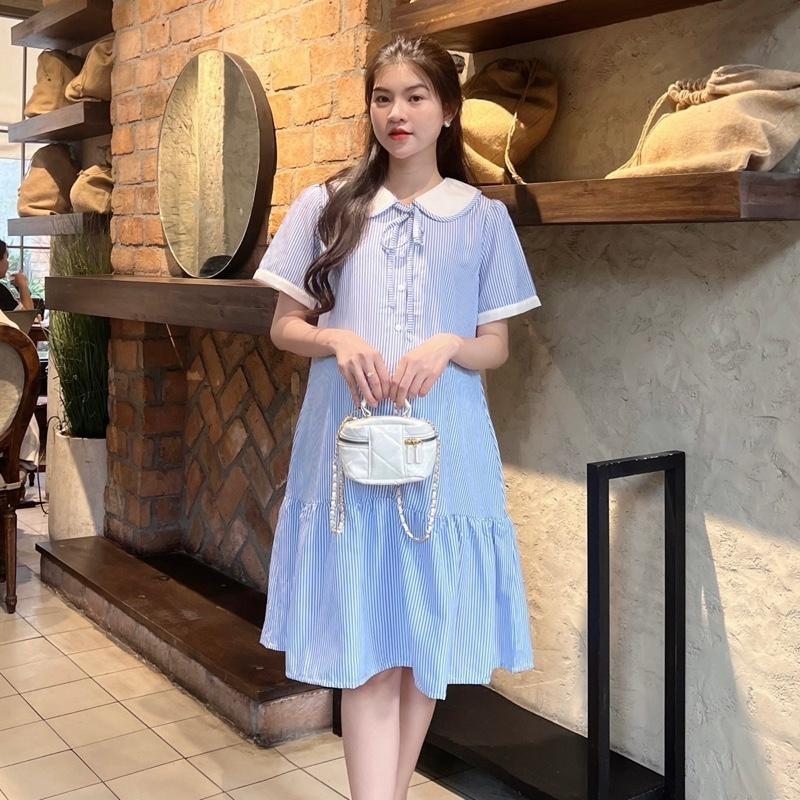 Đầm Bầu Công Sở Kẻ Sọc Phom Đuôi Cá Phối Viền Tay Trẻ Trung Chất Cotton Mềm Mát Mẻ Cho Mùa Hè - Đen