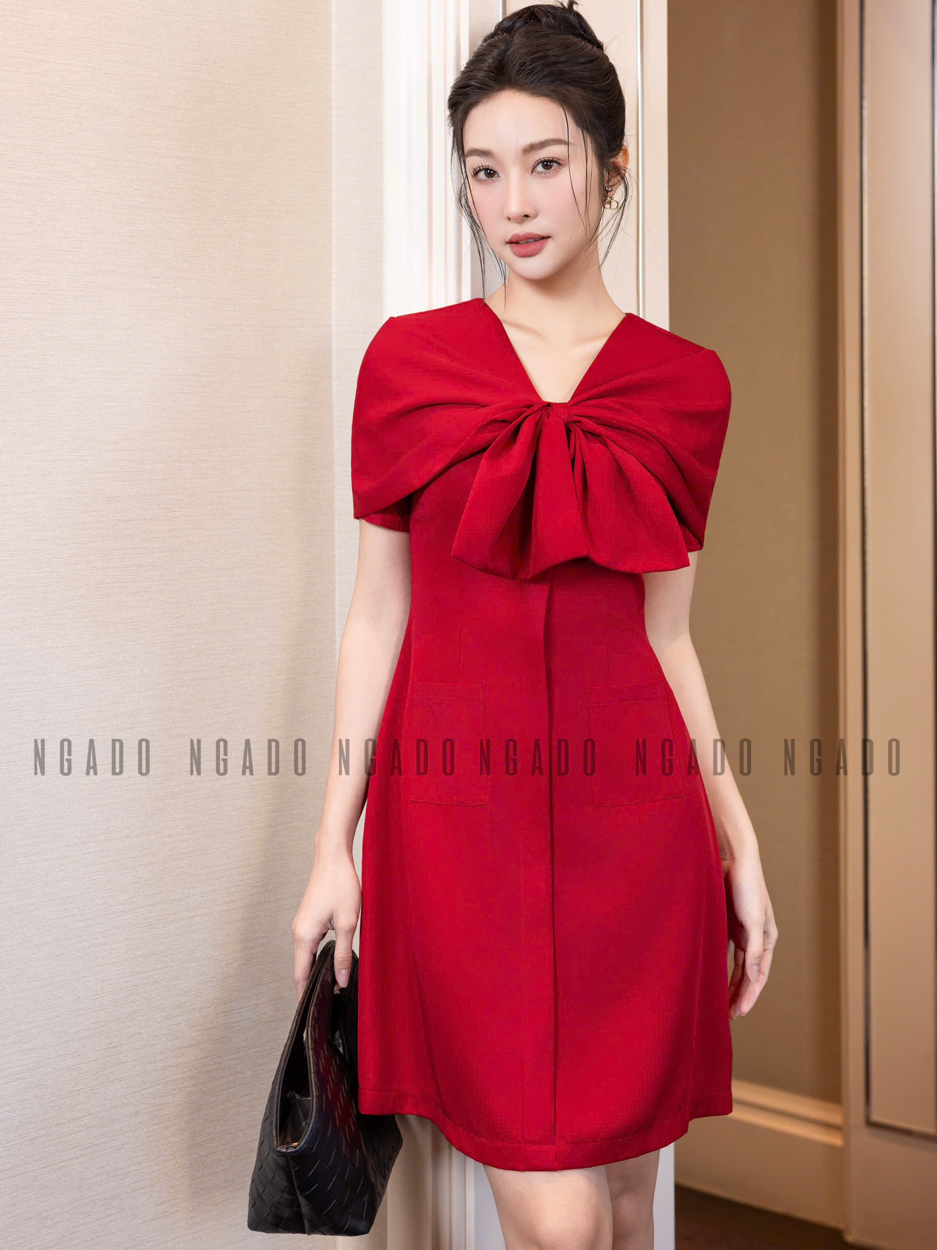 Đầm đỏ tay nơ NGADO , đầm đỏ , đầm kiểu Nữ , đầm dự tiệc , công sở