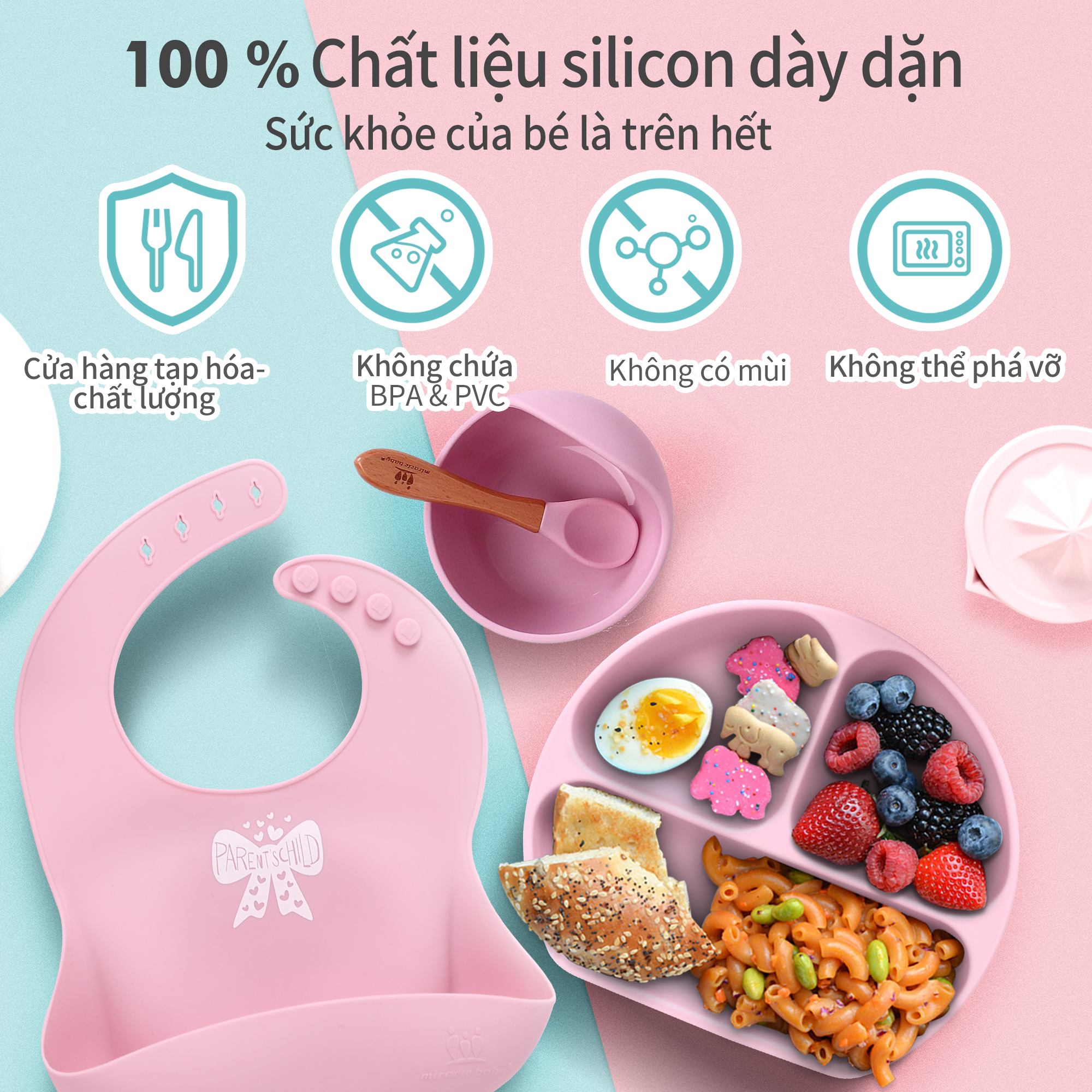 Combo 4 món ăn dặm Miraclebaby bát/chén-khay-yếm-muỗng/thìa-ly/cốc silicone cao cấp có đế hít chống đổ