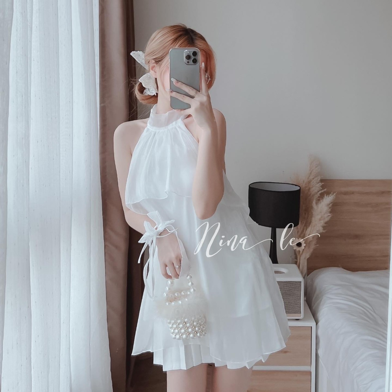 Set áo yếm xếp tầng bèo cột nơ sau kèm chân váy dập ly có lót có nơ tay, set áo váy đi chơi Ánh Dương Clothing M202