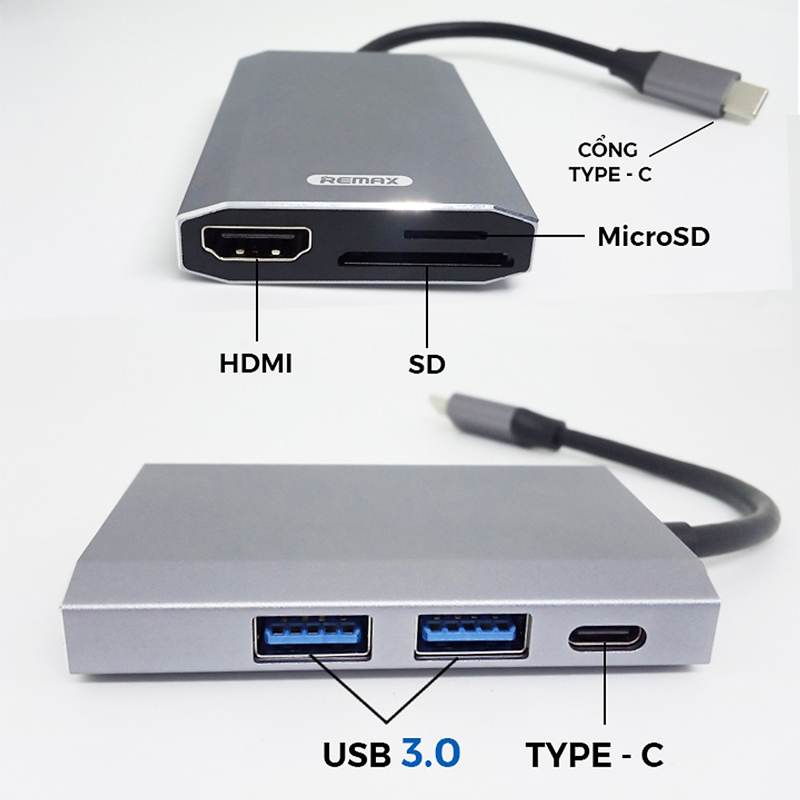 Hub chuyển đổi Remax RU-U30 6 in 1 cổng Type C ra USB 3.0 Hợp Kim Nhôm + HDMI + Đầu đọc thẻ nhớ - Hàng Chính Hãng