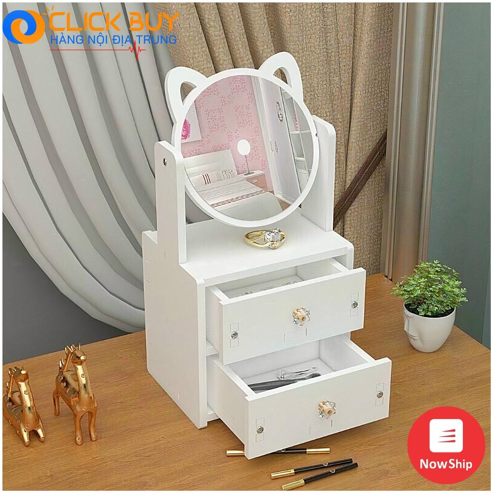 Kệ Đựng Mỹ Phẩm Bằng Gỗ 2 Tầng Kèm Gương Tai Mèo Dễ Thương