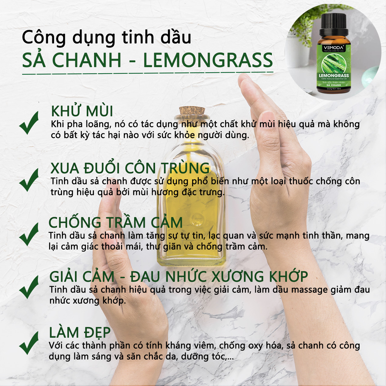 Tinh dầu xông phòng gồm 3 lọ tinh dầu nguyên chất cao cấp Vemoda: tinh dầu Vỏ bưởi MG + tinh dầu Bạc hà + tinh dầu Sả chanh
