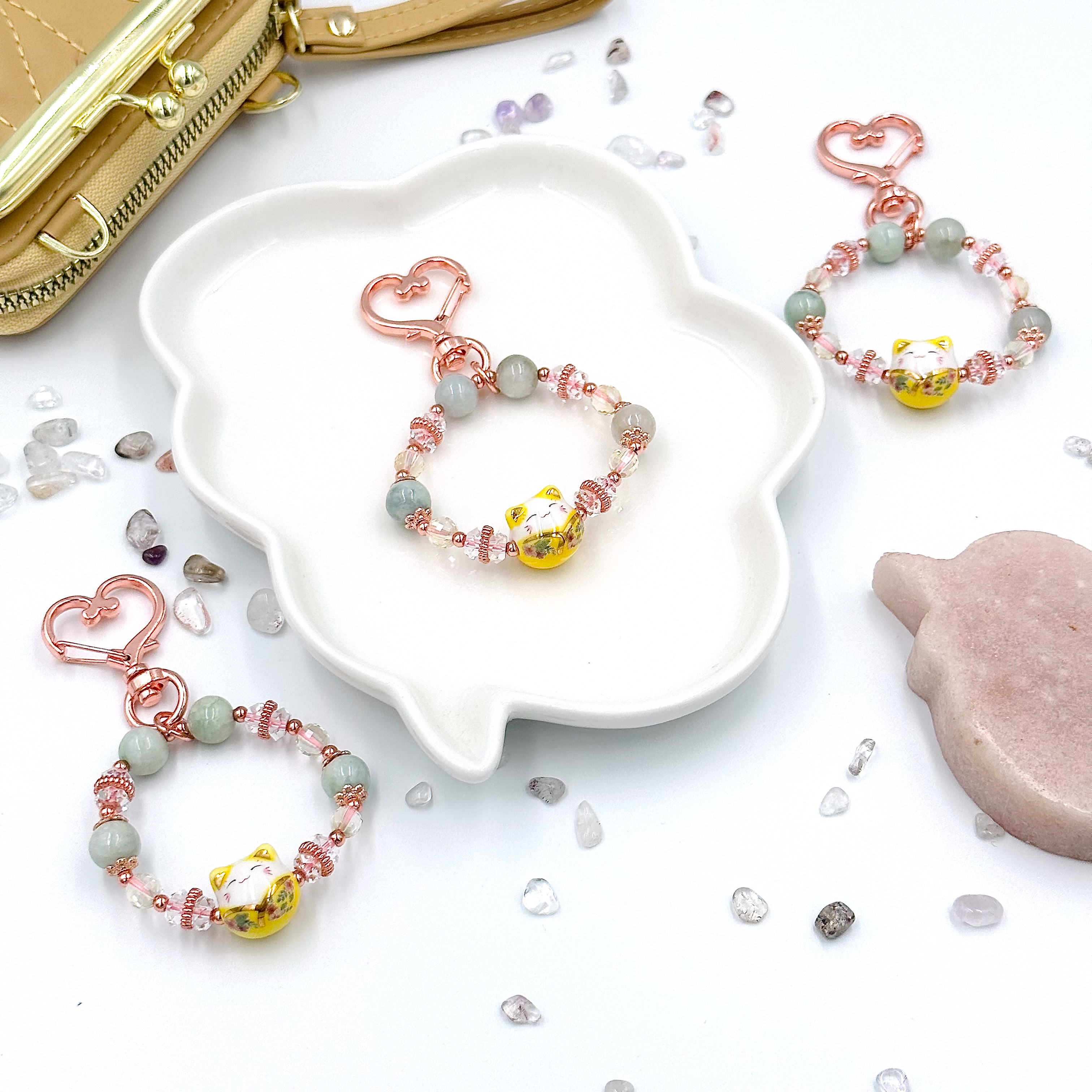 CRZ Bag Charm - Phụ Kiện - Yellow Porcelain Cat With Jadeite and Citrine - Móc Khóa Vòng Tay Đá Ngọc Bích và Thạch Anh Vàng Kèm 1 Charm Hình Mèo Gốm