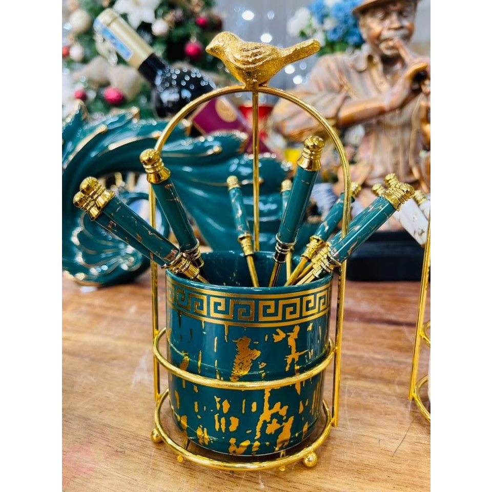 GIỎ ĐỰNG THÌA DĨA SỨ KHUNG KIM LOẠI MẠ VÀNG CAO CẤP SANG TRỌNG - VD64
