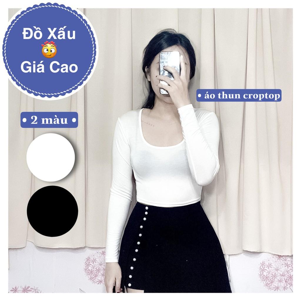 Áo thun nữ tay dài cổ vuông ôm body. Áo thun Croptop chất thun lụa