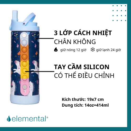 [Hàng chính hãng_Thương hiệu Mỹ] Bình giữ nhiệt elemental Pop màu unicorn 414ml, inox 304, giữ nhiệt tốt, FDA Hoa Kì, bình đa năng có kèm ống hút cho bé đi học