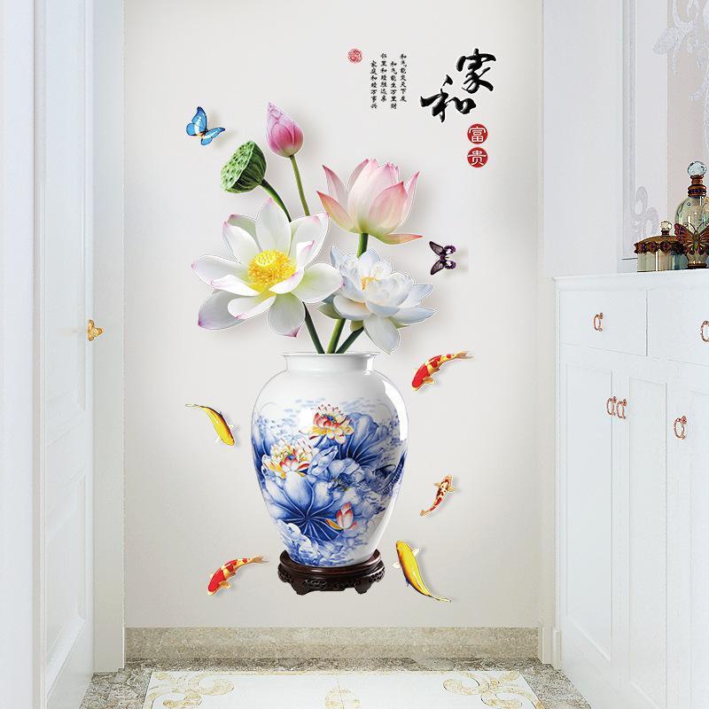 Decal dán tường Bình hoa 3D sen trắng