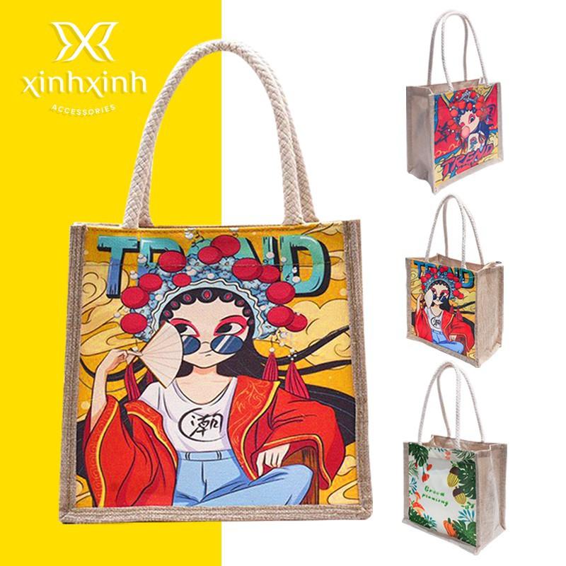 Túi cói đi biển in hình nghệ thuật - thời trang vintage