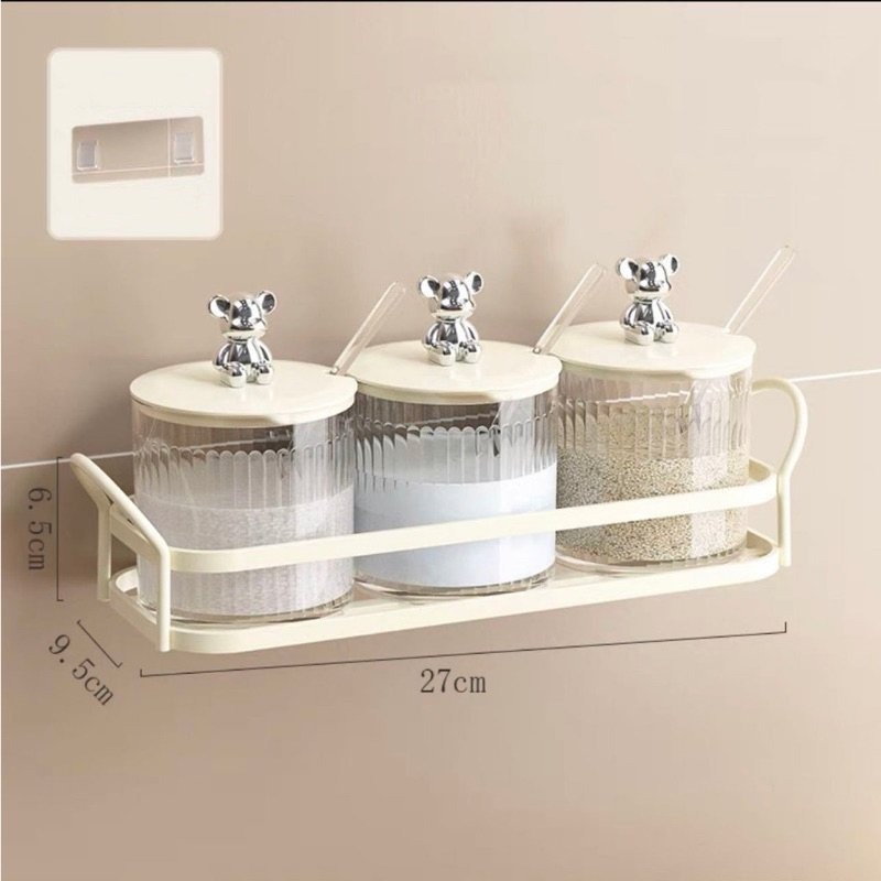 Bộ 3 Lọ Đựng Gia Vị Sang Trọng, Cao Cấp Chất Liệu Nhựa Acrylic Chịu Lực Và Nhiệt Tốt Vân Sọc Có Thìa Kèm Giá Đỡ Kim Loại Sang Trọng Cao Cấp - Hình Núm Giao Ngẫu Nhiên