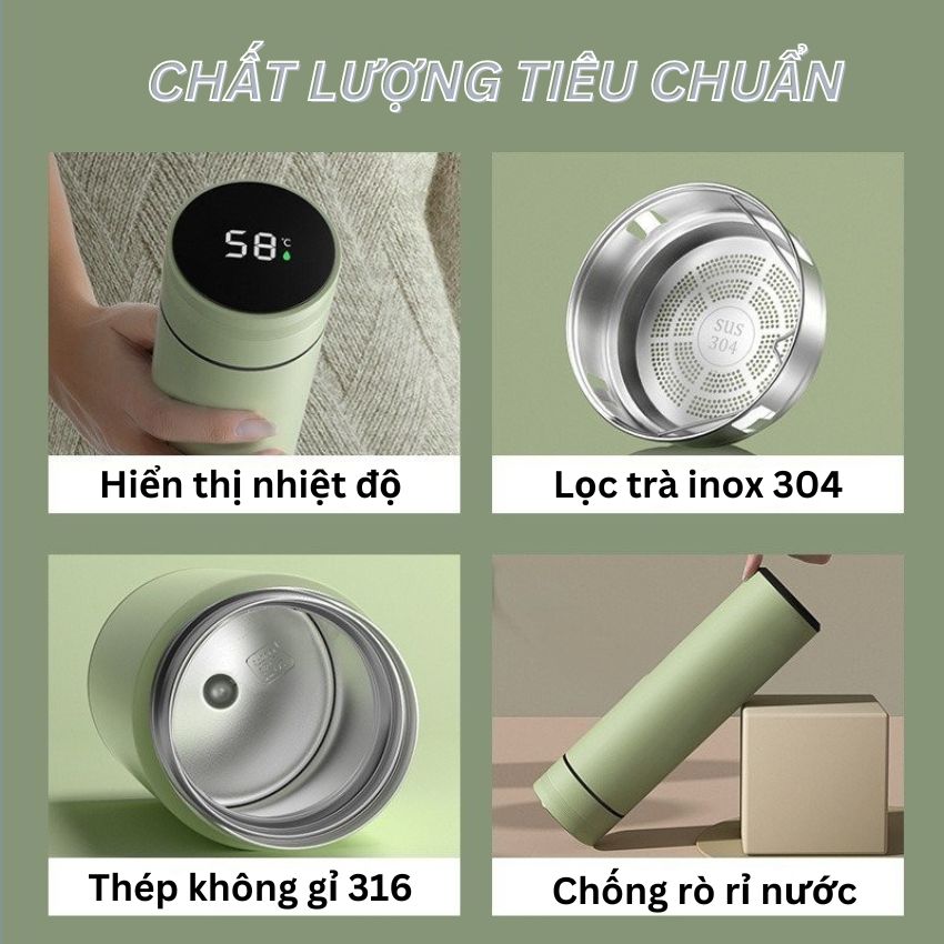 Bình giữ nhiệt hiển thị nhiệt độ thông minh inox cao cấp dung tích 480ml