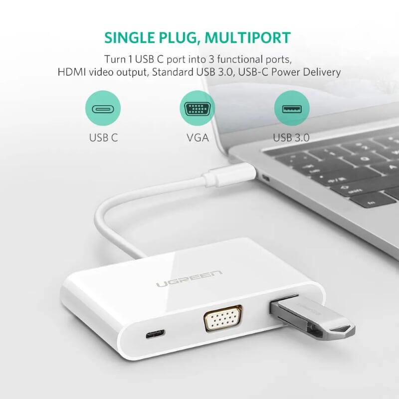 Ugreen UG30376US163TK Bộ chuyển đổi TYPE C sang USB 3.0 + VGA + hỗ trợ nguồn TYPE C - HÀNG CHÍNH HÃNG