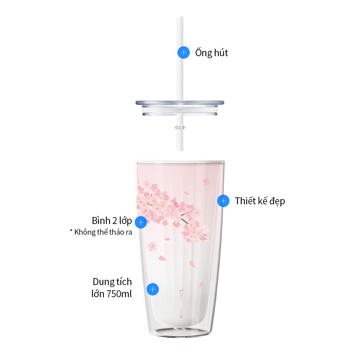 Ly nhựa 2 lớp Cherry Blossom Double wall Cold Cup LocknLock HAP522 - Kèm ống hút - Dung tích 750ml