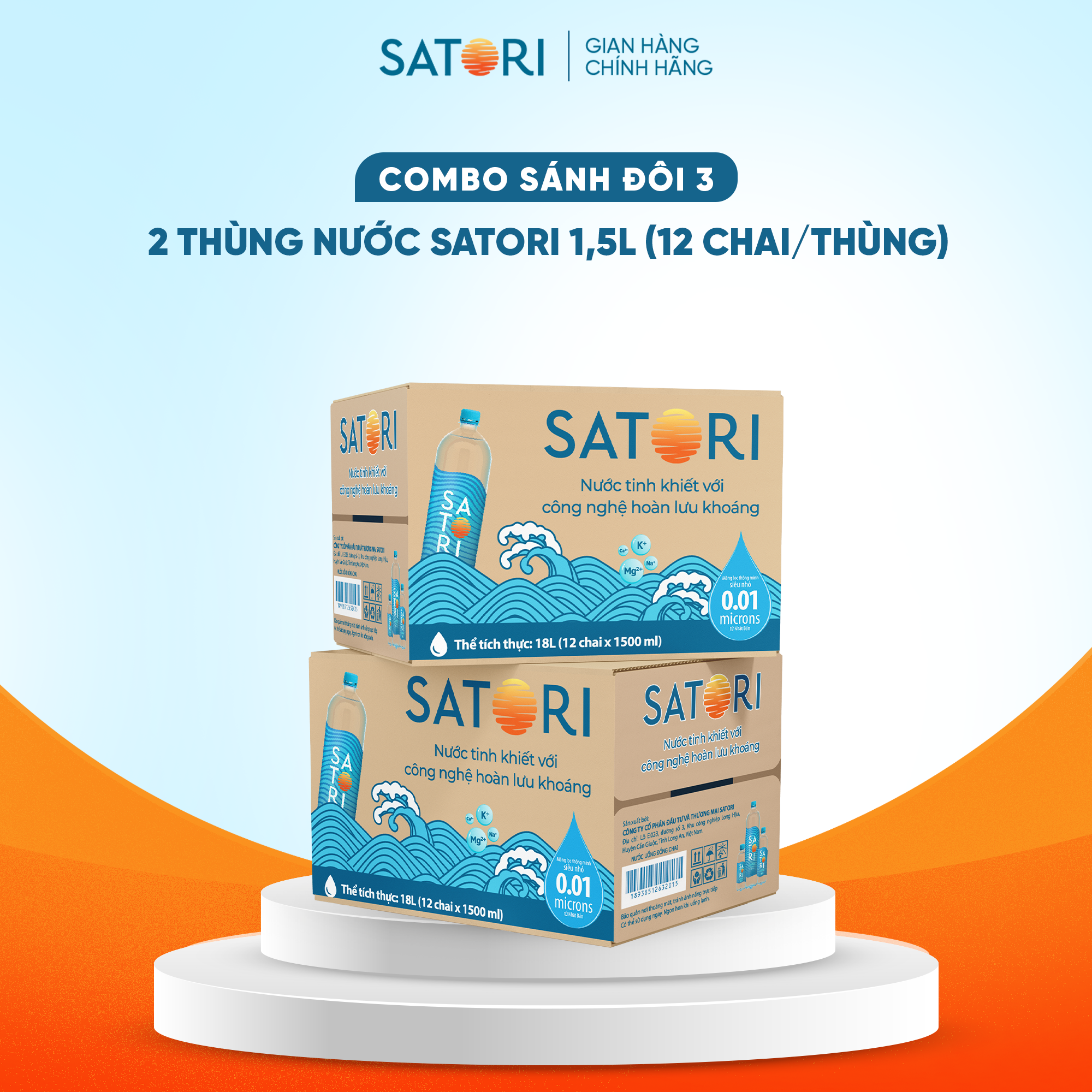 Combo 2 Thùng Nước Tinh Khiết Hoàn Lưu Khoáng SATORI 1.5L (12 Chai/Thùng)