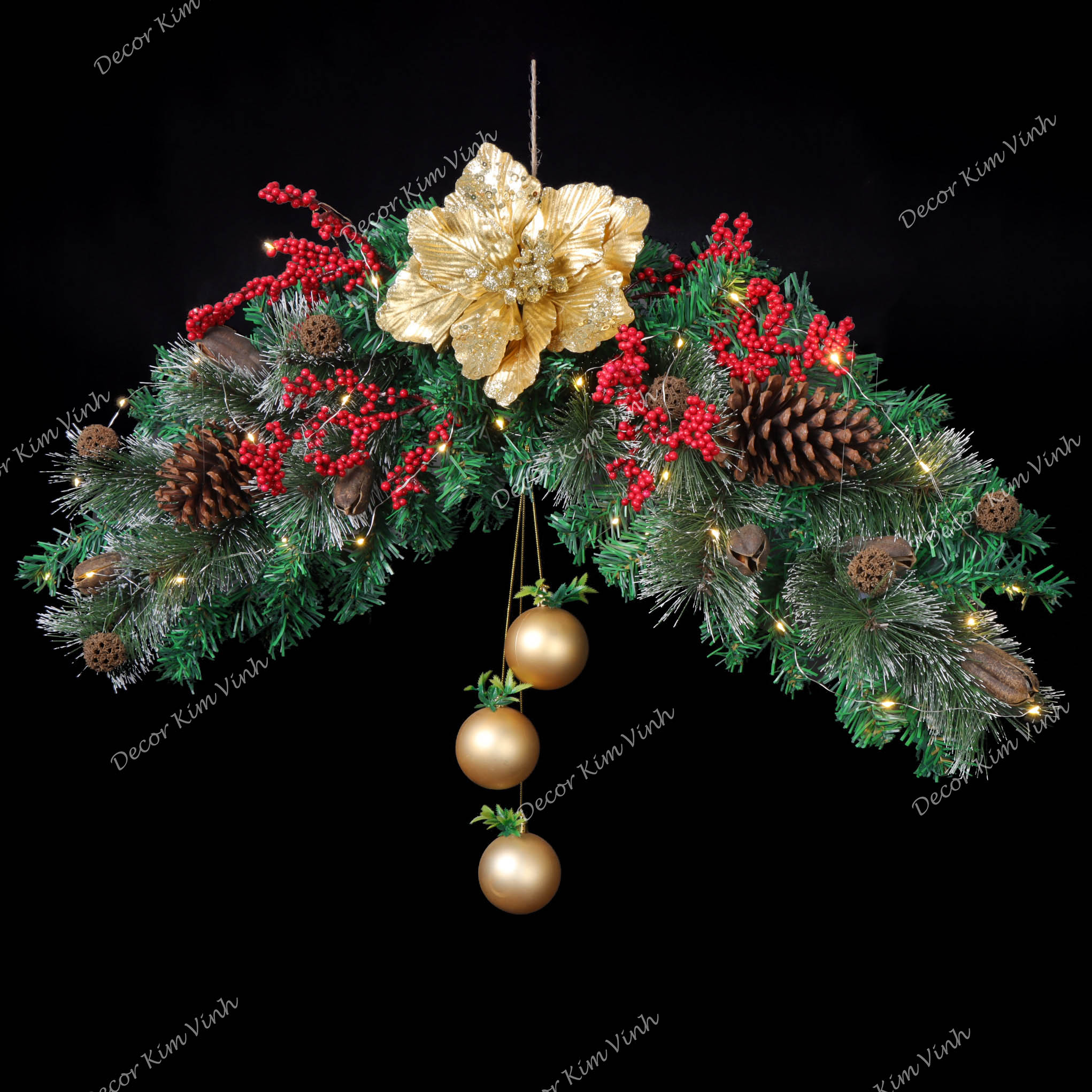 Dây Treo Đối Xứng DX04 Dây Treo Hoa Nhũ Vàng Trang Trí Giáng Sinh Kèm Đèn