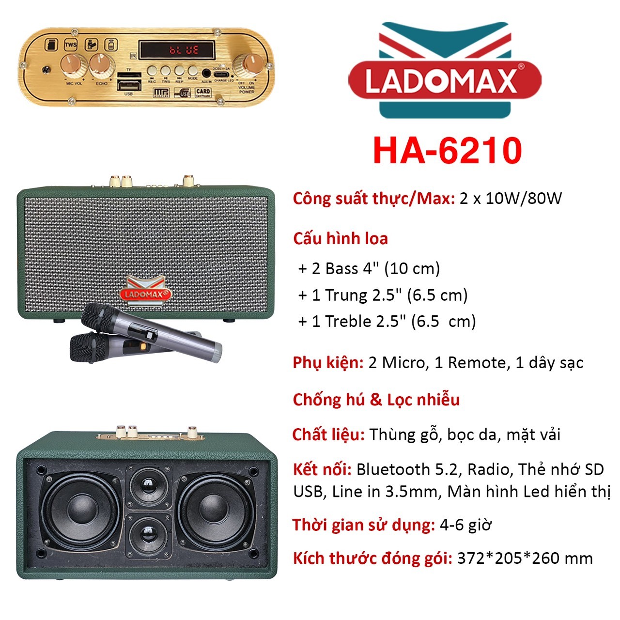 Loa xách tay hát Karaoke gia đình Ladomax HA-6210 có chức năng Chống hú & Lọc nhiễu, pin sử dụng 4 - 6 giờ - Hàng chính hãng