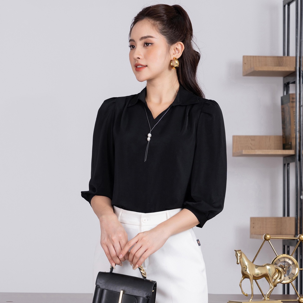 Sơ Mi Lụa Tay Lỡ Công Sở UK FASHION Thiết Kế Cổ V Kèm Phụ Kiện Kiểu Dáng Lịch Sự Tối Giản Chất Lụa Mềm Mịn NKSM2206012