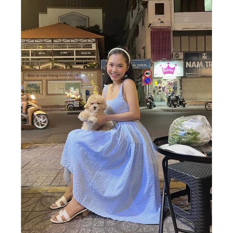 Đầm 2 dây to dáng dài tiểu thư, váy bầu bí đi biển tầng xoè vải kẻ xốp siêu xinh đẹp