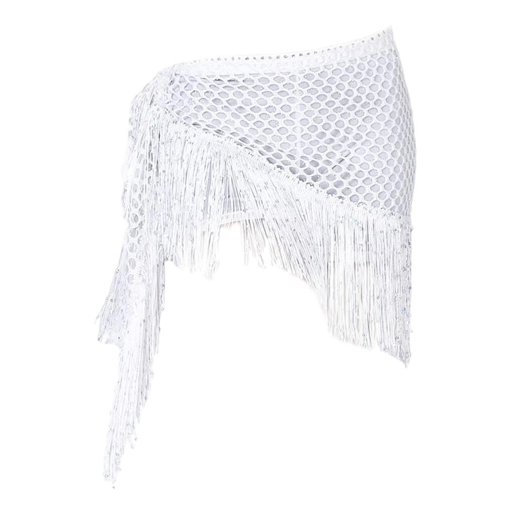 Sequins Belly Dance Hip  Tassel Mesh  Dancewear White