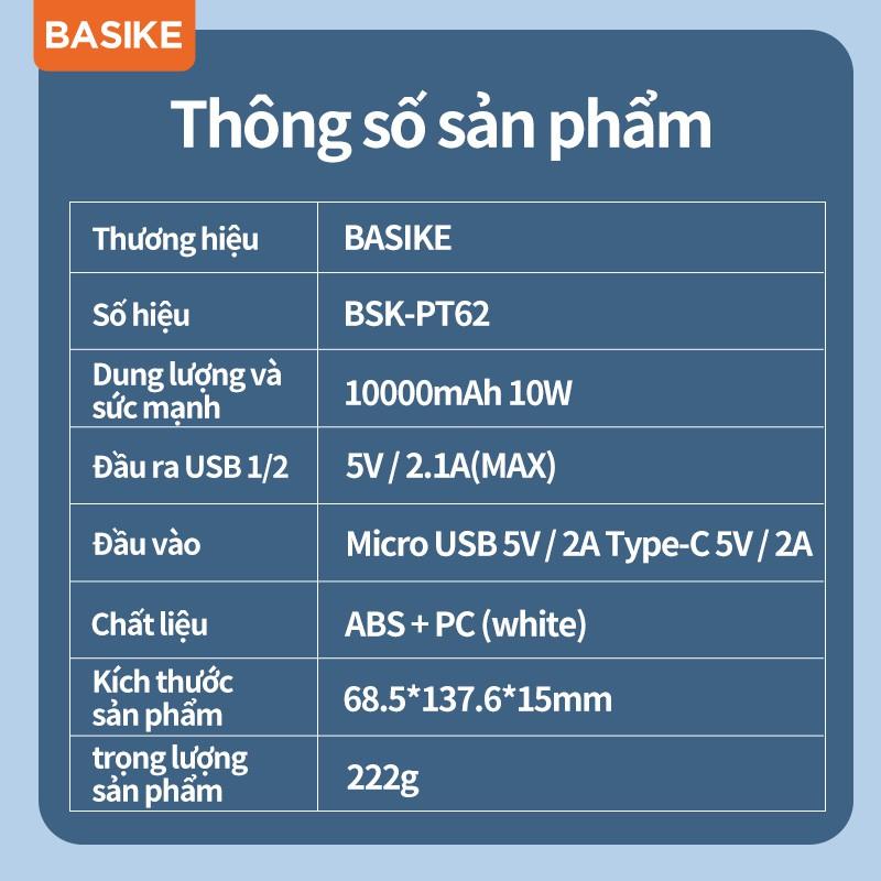 Sạc dự phòng BASIKE PT62 10000mAh có hai đầu ra USB thích hợp cho iPhone và Android-Hàng chính hãng