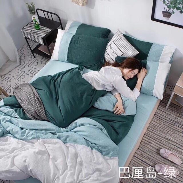 Bộ chăn ga gối cotton đũi phối màu 4 món