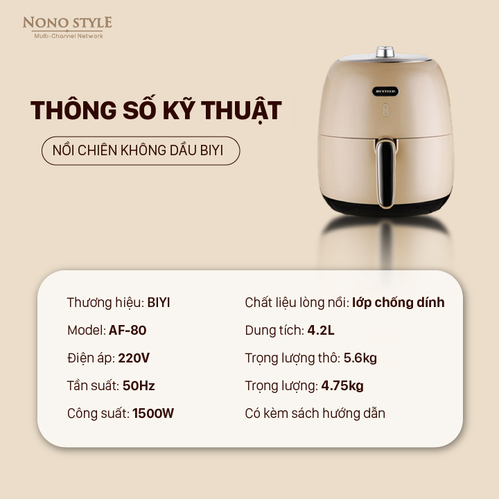 Nồi Chiên Không Dầu Cơ BIYI AF-80 (4,2L)  - Nút điều chỉnh nhiệt độ & thời gian cơ phong cách retro - Hàng chính hãng