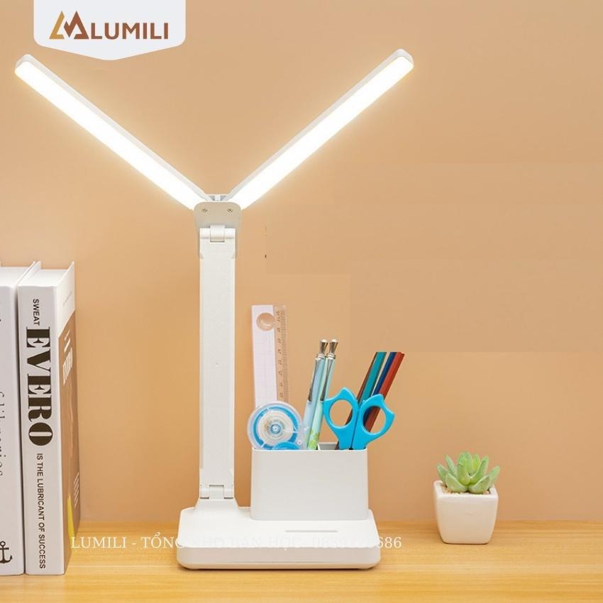 Đèn học để bàn ba chế độ ánh sáng chống cận thị kèm khay để bút thước thông minh có nút bấm cảm ứng, sạc tích điện
