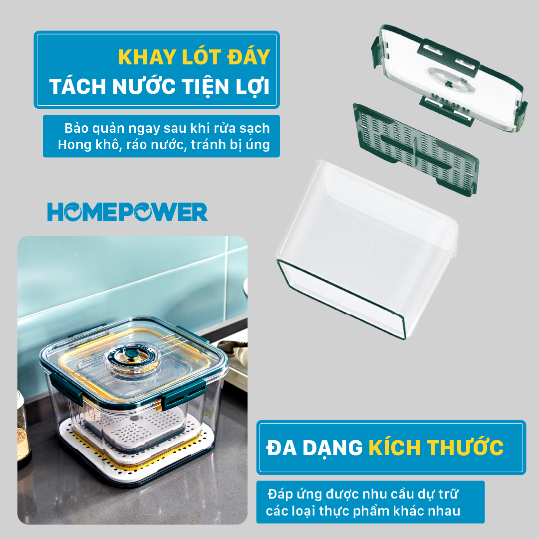 Hộp đựng thực phẩm tủ lạnh, bảo quản đồ ăn rau củ trái cây Homepower 1L/2.5L/5L có lót đáy ráo nước, van thoát khí PET cao cấp