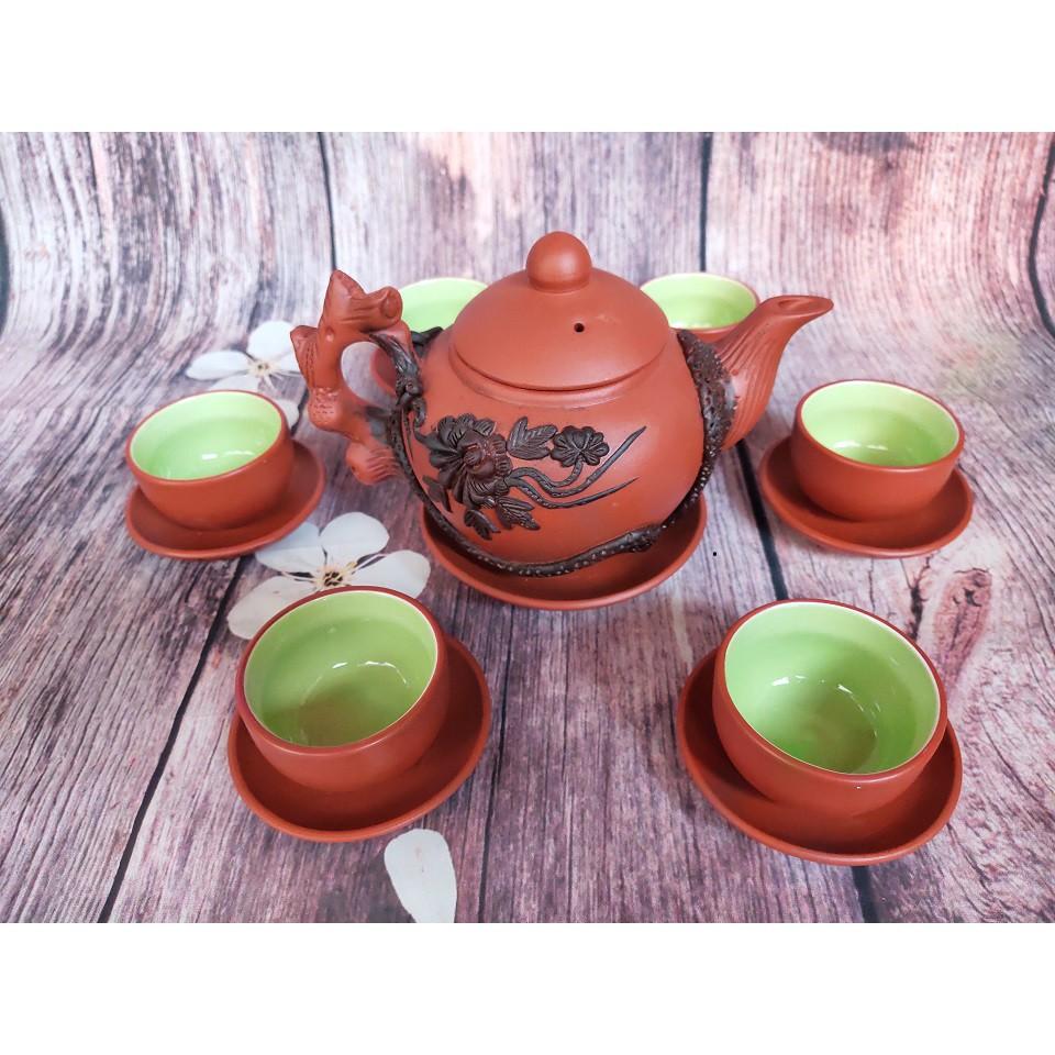 Bộ ấm chén tử sa đắp nổi cỡ to, dung tích ấm 500 ml