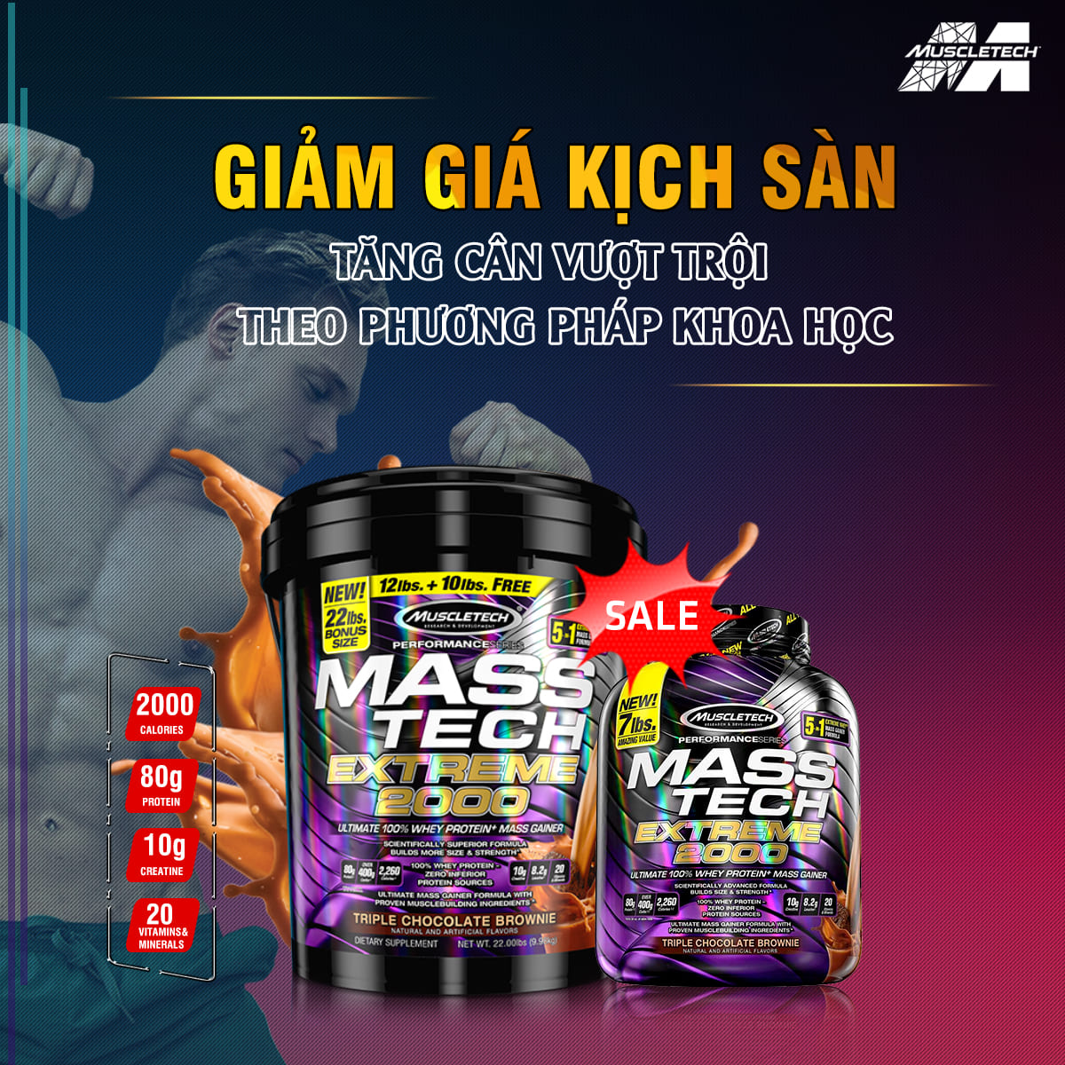 Sữa tăng cân tăng cơ Mass Tech Extreme 2000 22lbs (~10kg) – Hỗ trợ Tăng Cân Nhanh + Tăng Sức Mạnh từ nguồn dinh dưỡng đầy đủ như 1 bữa ăn - Hàng nhập khẩu chính hãng - Thương hiệu Muscletech - Kèm quà tặng