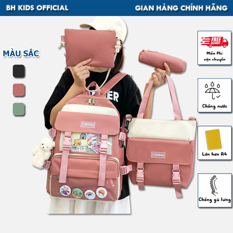 Combo 4 món (tặng kèm stick 2D và mica) balo nữ BH Kids, phiên bản Hàn Quốc, vải Canvas, chống nước, chống sốc - CH122