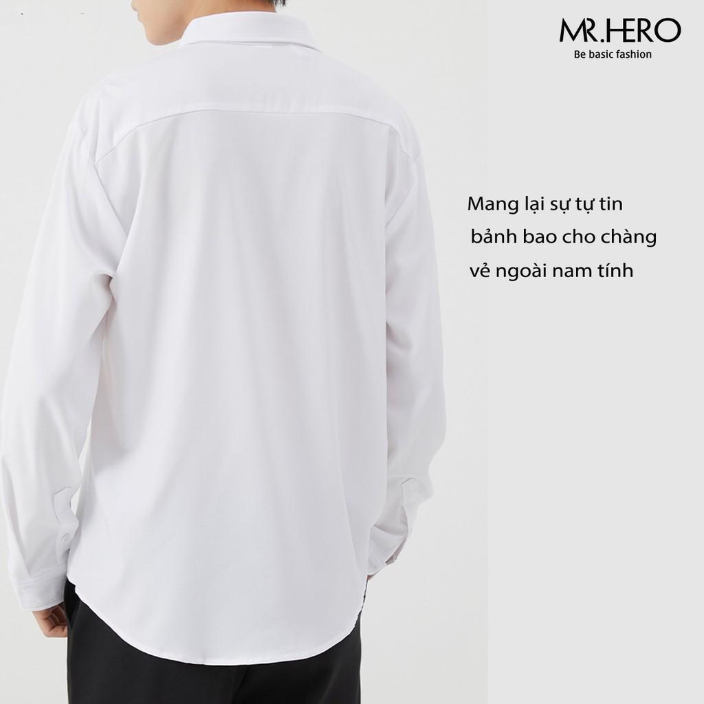 Áo Sơ Mi Unisex Trắng Trơn Dài Tay, Sơ Mi Dáng Rộng Phong Cách Hàn Quốc MR HERO SM06