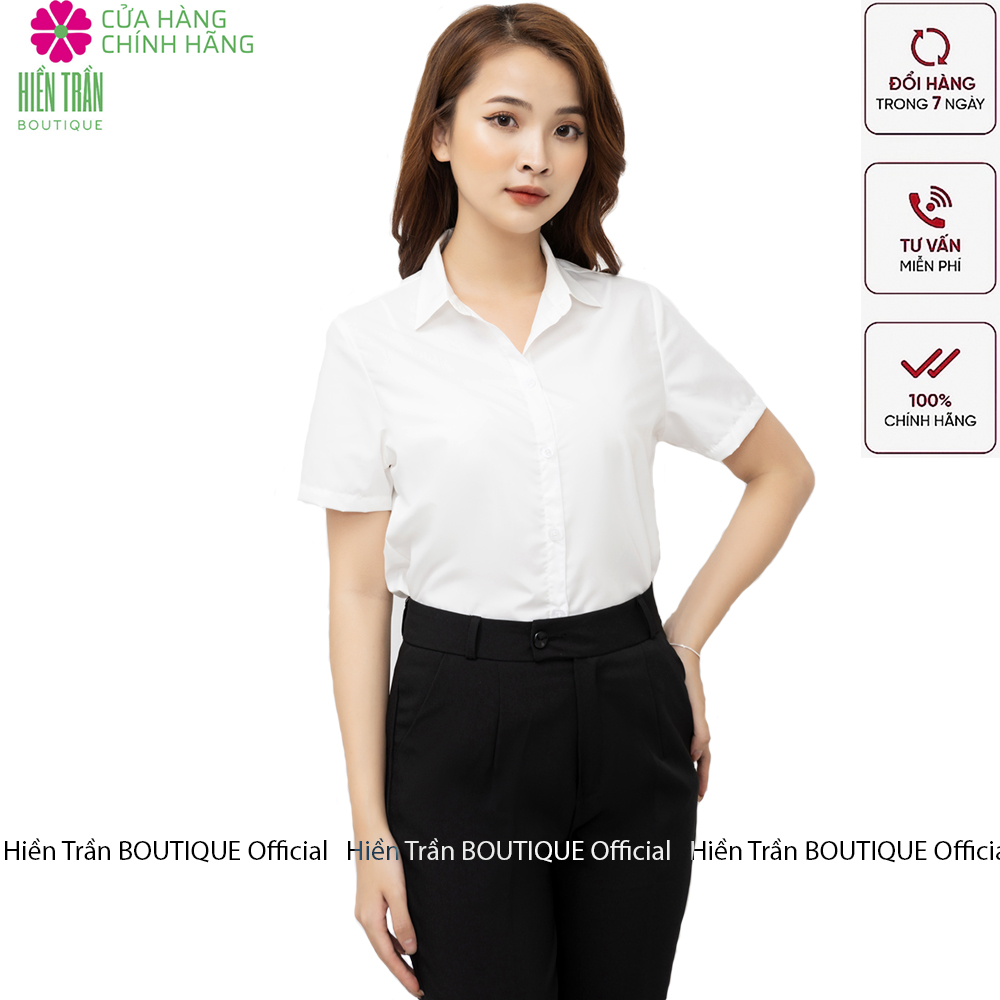 Áo sơ mi nữ Hiền Trần BOUTIQU tay ngắn form suông màu trắng xanh sơmi cộc thời trang công sở