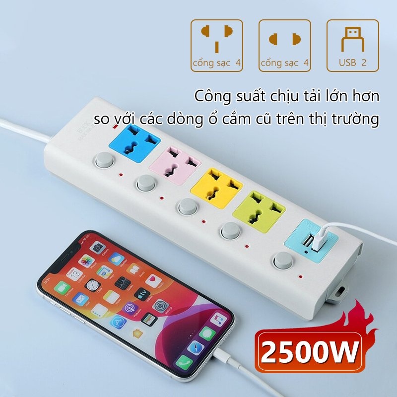 Ổ cắm điện đa năng thông minh kèm 2 cổng sạc USB đa năng và 7 lỗ cắm, Dây Cáp Dày Chất Lượng Cao 100%