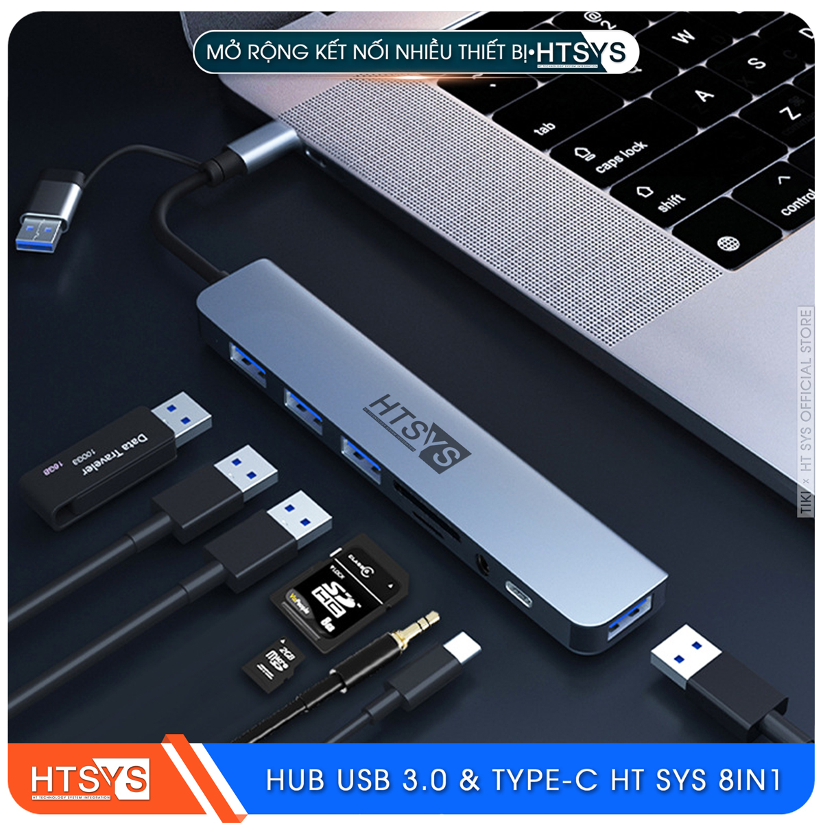 Hub Type C Và Hub USB HT SYS 8 in 1 To USB 3.0, SD, TF, USB C, Audio 3.5 - Hàng Chính Hãng